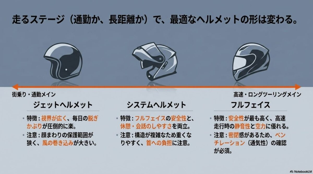 街乗り、通勤、長距離ツーリングなど走る用途別にジェット、システム、フルフェイスを比較したスライド
