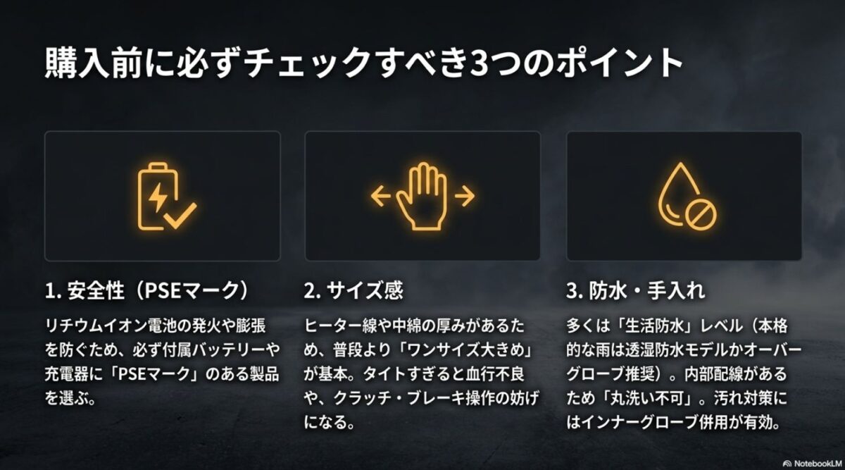 購入前に必ずチェックすべき3つのポイント 電熱グローブ購入前に確認すべき、PSEマークによる安全性、ワンサイズ大きめを選ぶサイズ感、生活防水や手入れに関する3つのチェックポイント