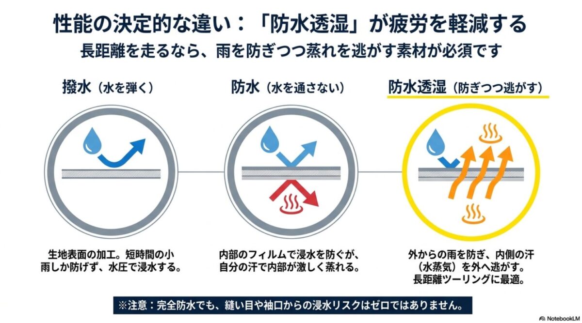 撥水・防水・防水透湿の素材構造と性能の決定的な違いを比較した図解