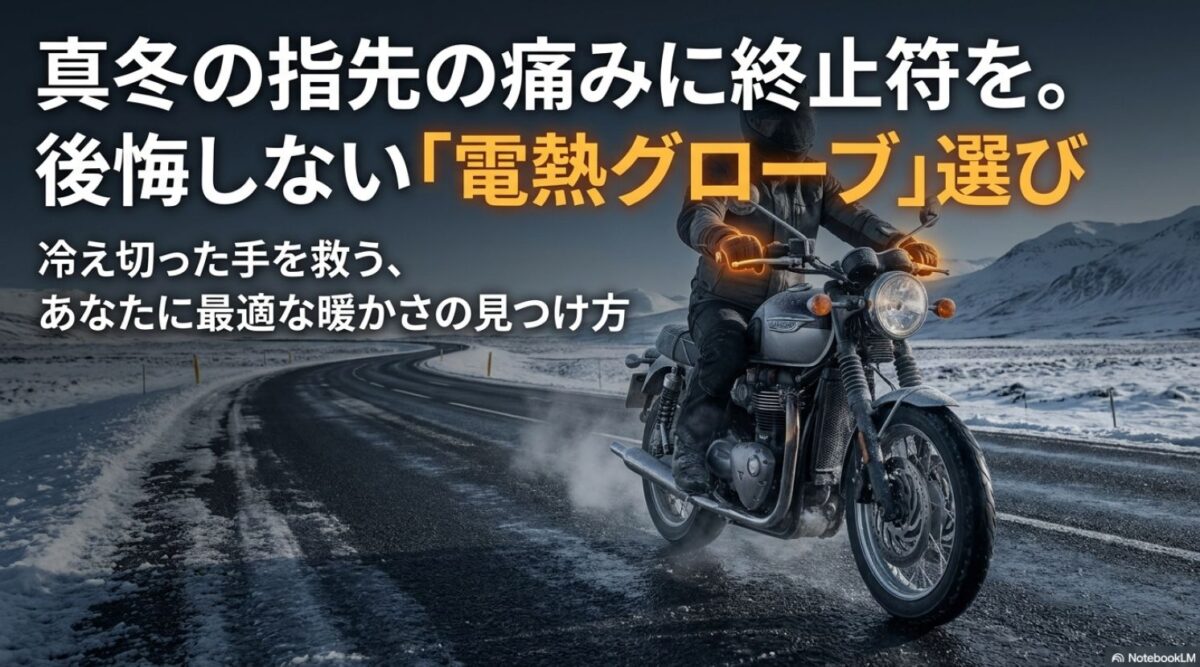 指先の痛みを解決!バイク用電熱グローブの選び方とおすすめモデル 真冬の指先の痛みに終止符を。後悔しない電熱グローブ選びと、あなたに最適な暖かさの見つけ方というタイトルスライド