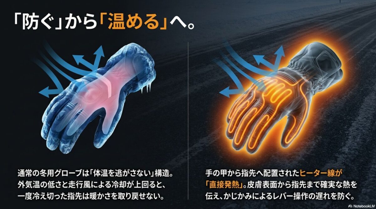「防ぐ」から「温める」へ。電熱グローブの暖かさの仕組み 通常の冬用グローブは体温を逃がさない構造であるのに対し、電熱グローブは手の甲から指先まで直接発熱して温める仕組みであることを示す図解
