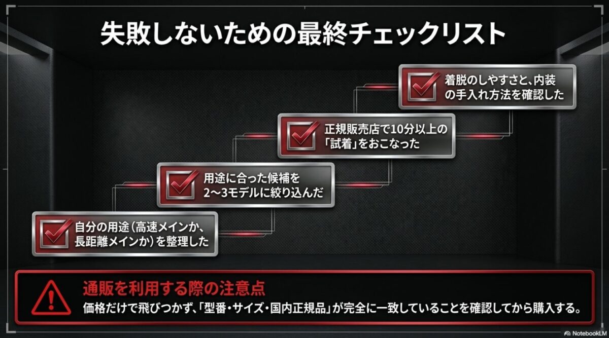 用途の整理・候補の絞り込み・10分以上の試着・内装確認をまとめたヘルメット購入チェックリスト