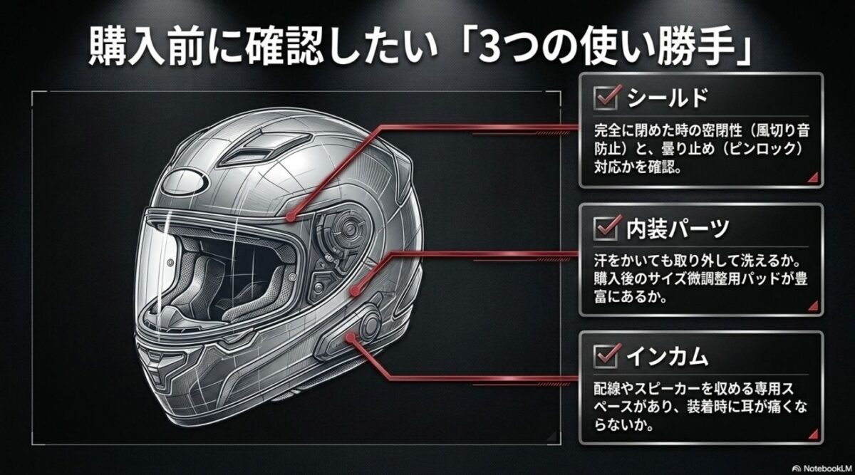 購入前に確認したいフルフェイスヘルメットのシールド・内装パーツ・インカムスペース