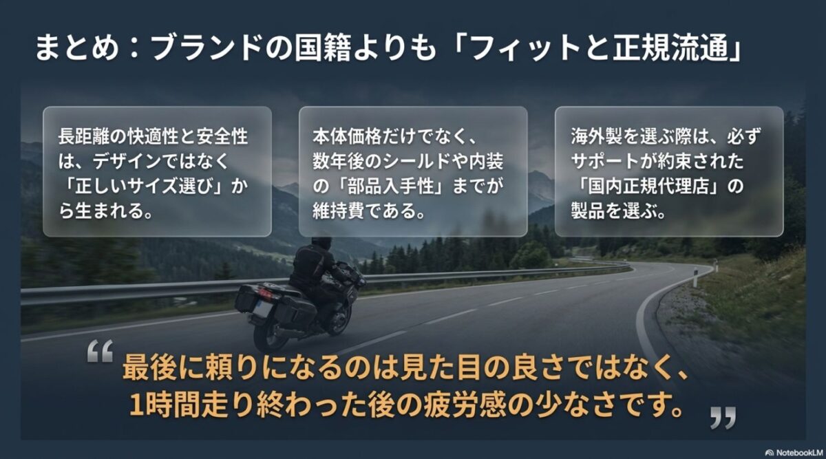 ヘルメット選びではブランドの国籍よりもフィット感、部品入手性、国内正規代理店の確認が重要であることをまとめた画像