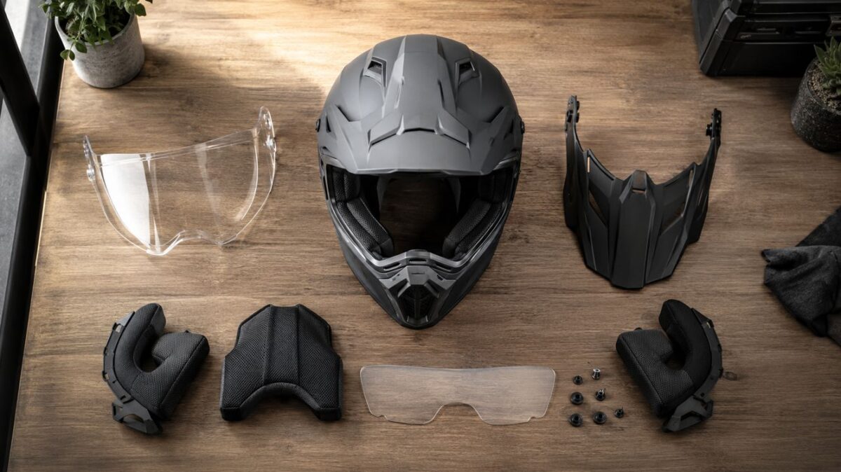 アドベンチャー用オフロードヘルメットの選び方|高速・林道で失敗しない注意点 アドベンチャーヘルメットと交換シールド、内装、バイザー、固定部品を並べた状態