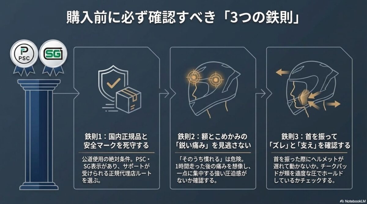 バイクヘルメット購入前に確認すべき国内正規品、安全マーク、額やこめかみの痛み、首振り時のズレを示した図解