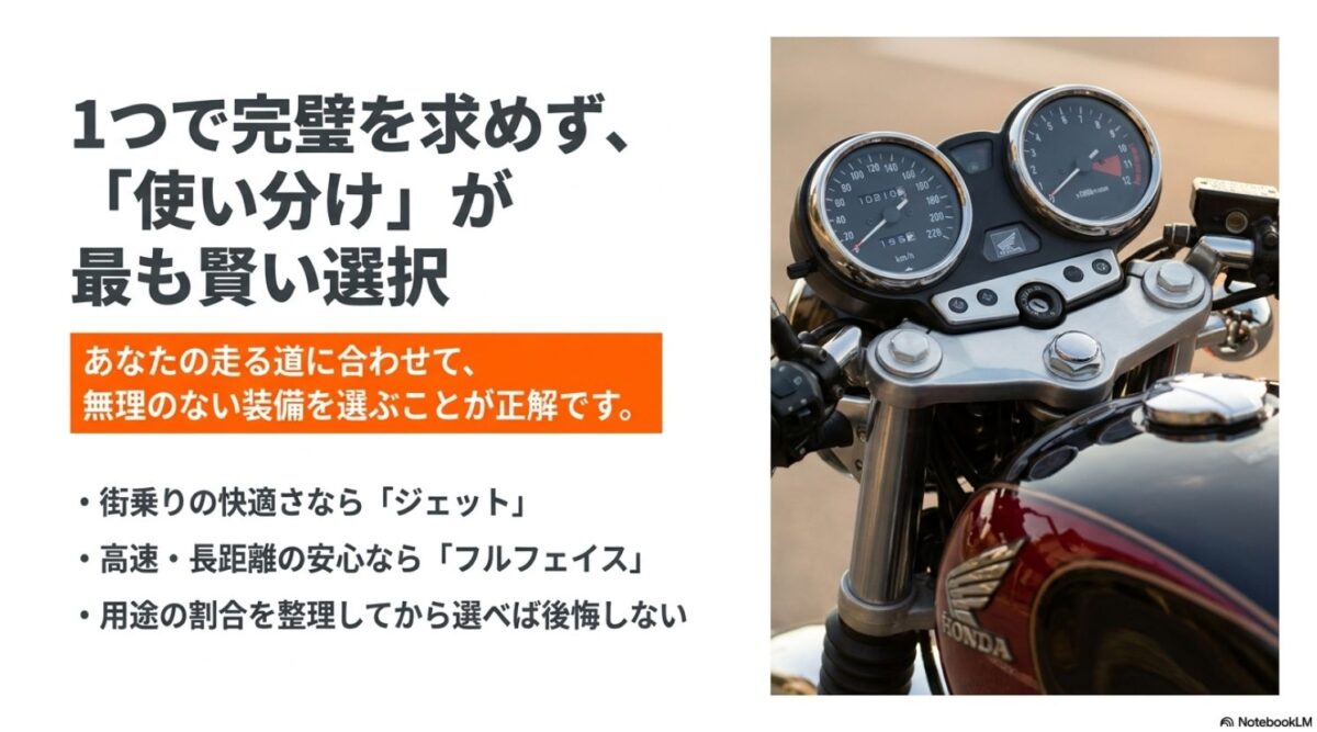 完璧を一つに求めず、街乗りの快適さならジェット型、高速や長距離の安心ならフルフェイス型と使い分けることが賢い選択であるという結論