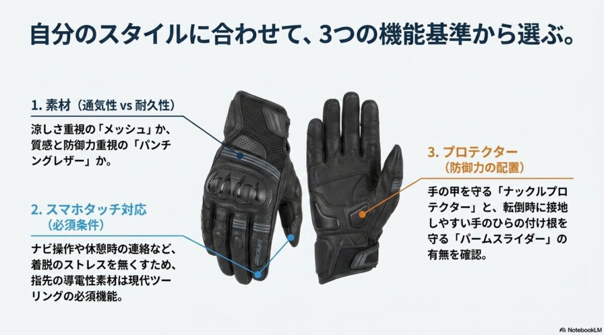 夏用バイクグローブを選ぶ際の3つの基準（素材・スマホタッチ対応・プロテクター）