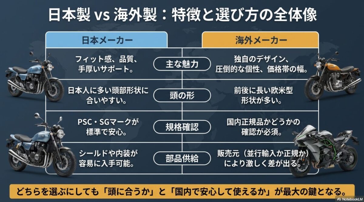 日本メーカーと海外メーカーのヘルメットをフィット感、頭の形、規格確認、部品供給で比較した図解