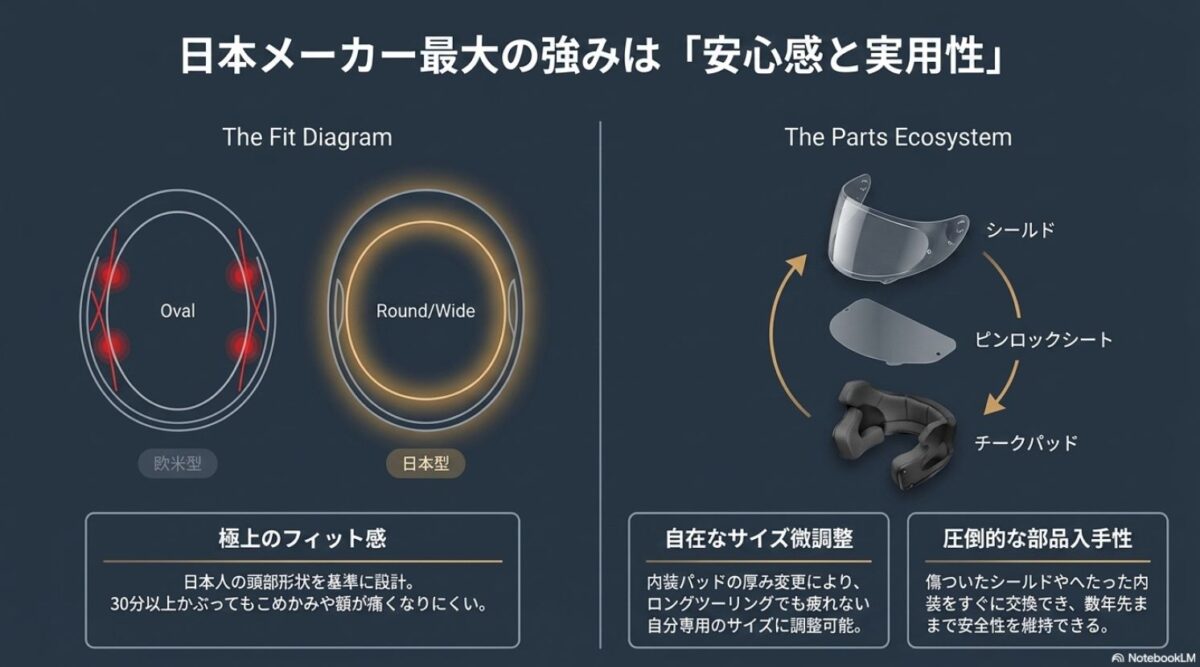 日本メーカー製ヘルメットのフィット感とシールドや内装など補修部品の入手性を説明する図解