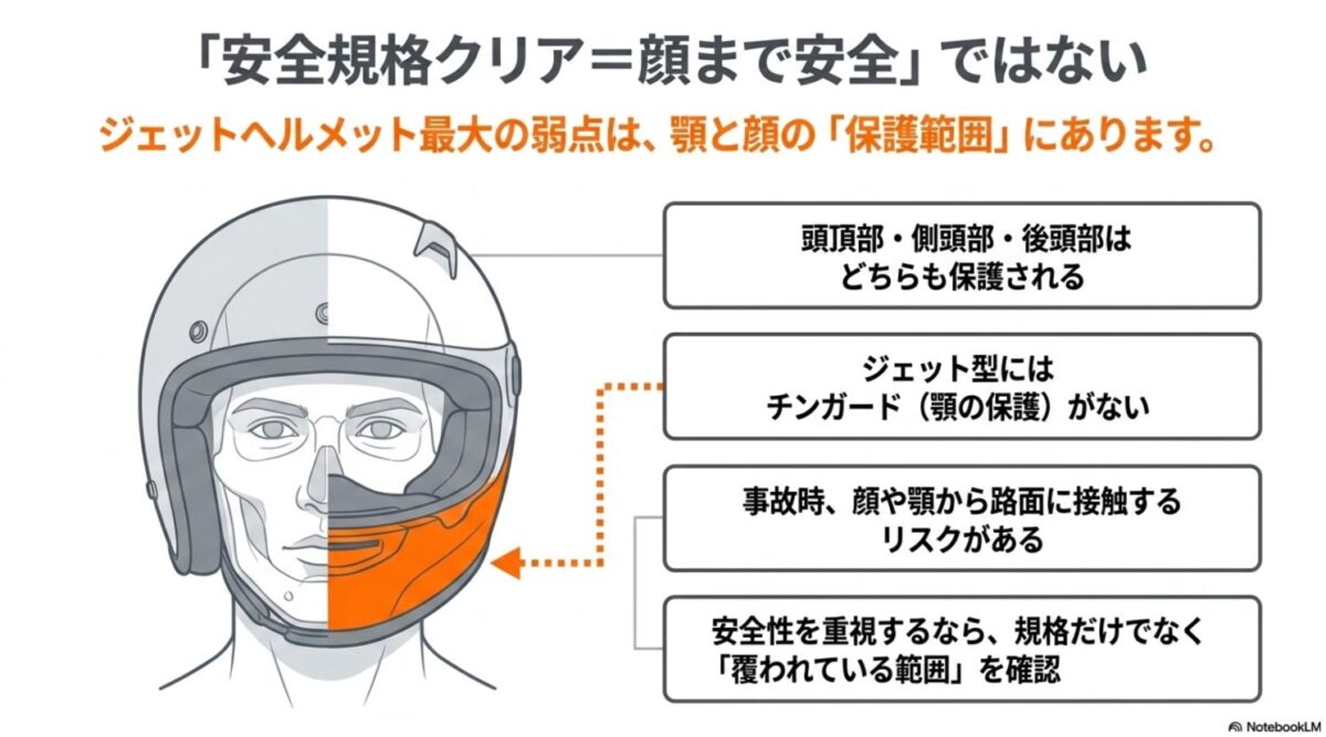 ジェットヘルメットにはチンガードがなく、フルフェイスに比べて顔や顎の保護範囲が狭いことを示す図解