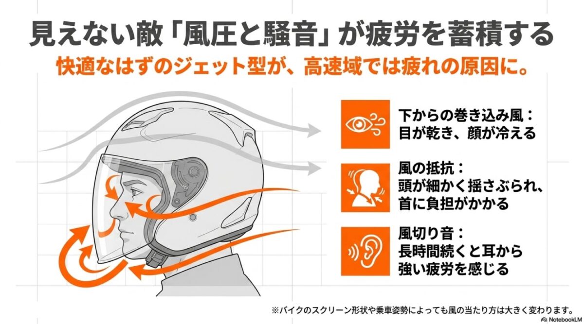 ジェットヘルメット着用時に受ける下からの巻き込み風や風の抵抗、風切り音が疲労につながることを示す図解