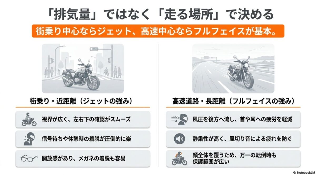街乗り中心ならジェットヘルメット、高速道路中心ならフルフェイスヘルメットを推奨するそれぞれの理由
