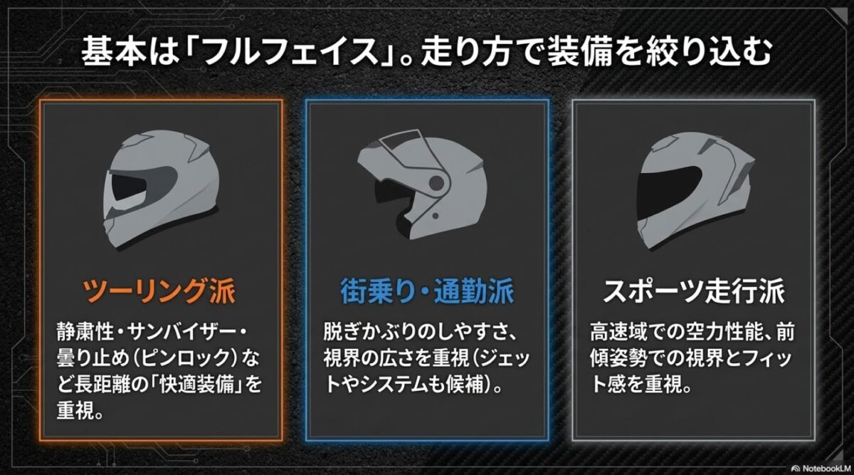 用途別ヘルメットタイプの選び方 ツーリング派、街乗り通勤派、スポーツ走行派に合うヘルメットタイプを比較したスライド