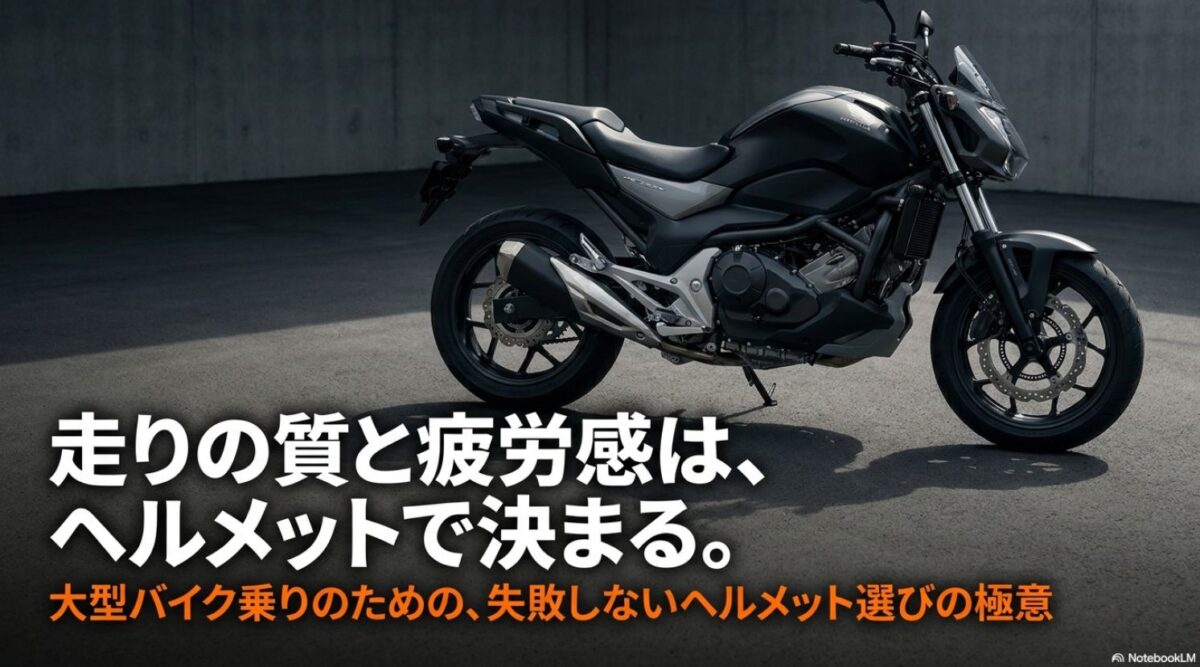 大型バイク向けヘルメットおすすめ|初心者が失敗しない選び方 大型バイクとヘルメット選びの重要性を示すタイトルスライド
