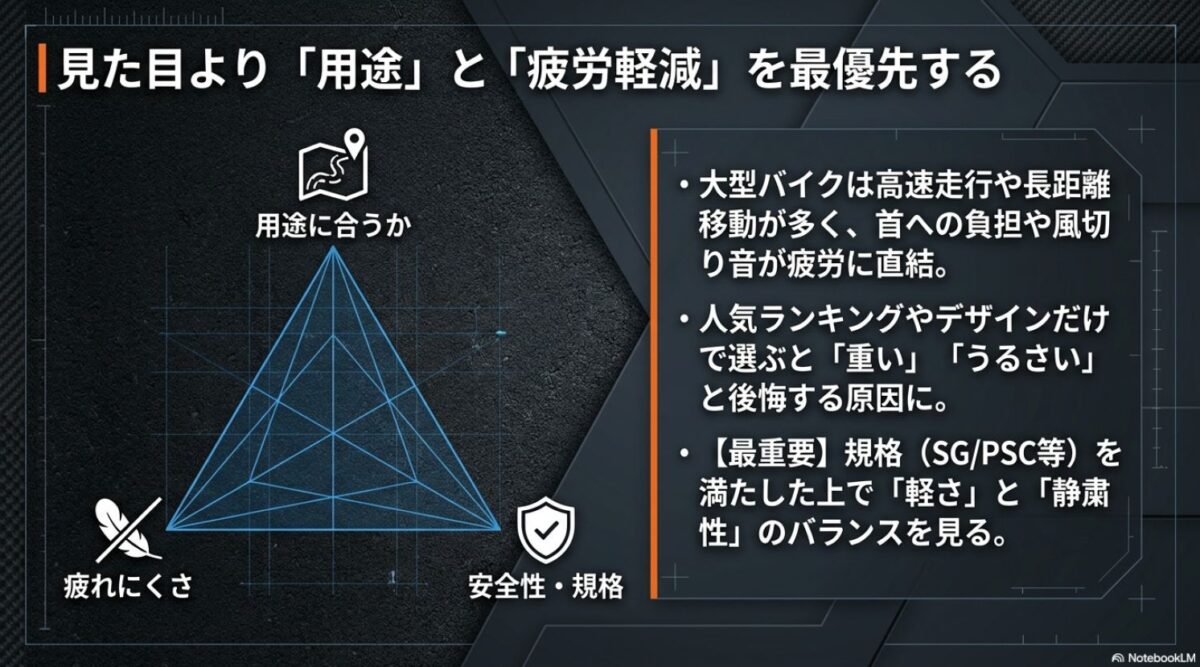 用途と安全規格で選ぶヘルメット 大型バイク用ヘルメットは用途と安全規格と疲れにくさで選ぶべきことを示す図解