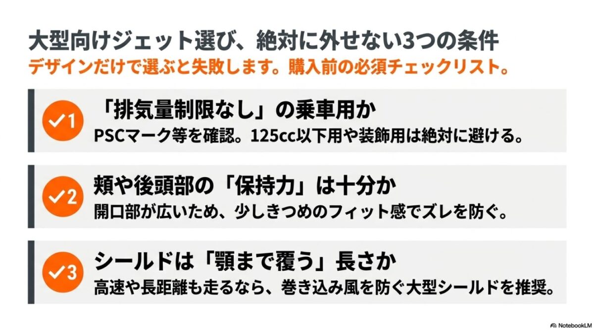 大型バイク用ジェットヘルメットを選ぶための3つの必須条件（排気量制限なし、保持力の強さ、顎まで覆うシールド）