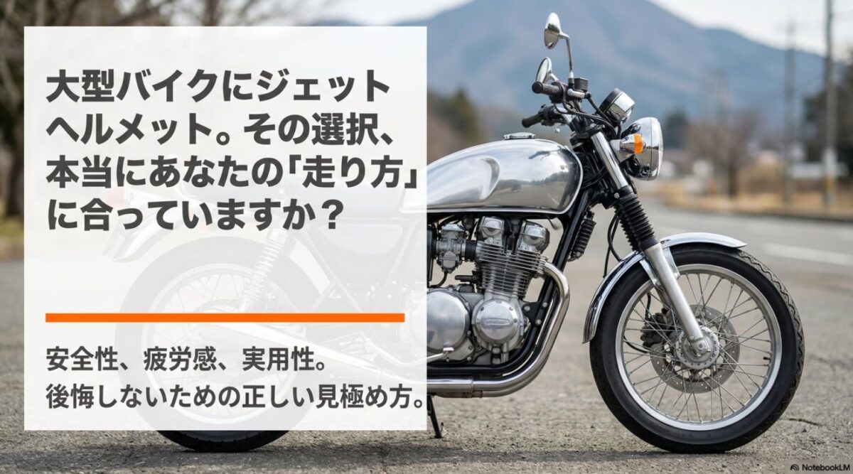 大型バイクでジェットヘルメットはあり?後悔しない選び方 大型バイクにジェットヘルメットを選ぶ際の安全性や疲労感、実用性の見極め方を解説するスライド表紙