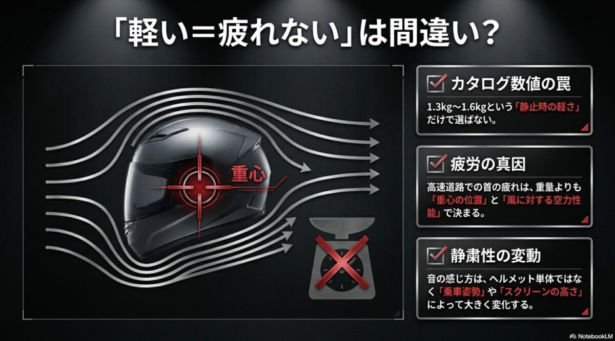 フルフェイスヘルメットの重量だけでなく重心・空力・乗車姿勢が疲労と静粛性に影響する図