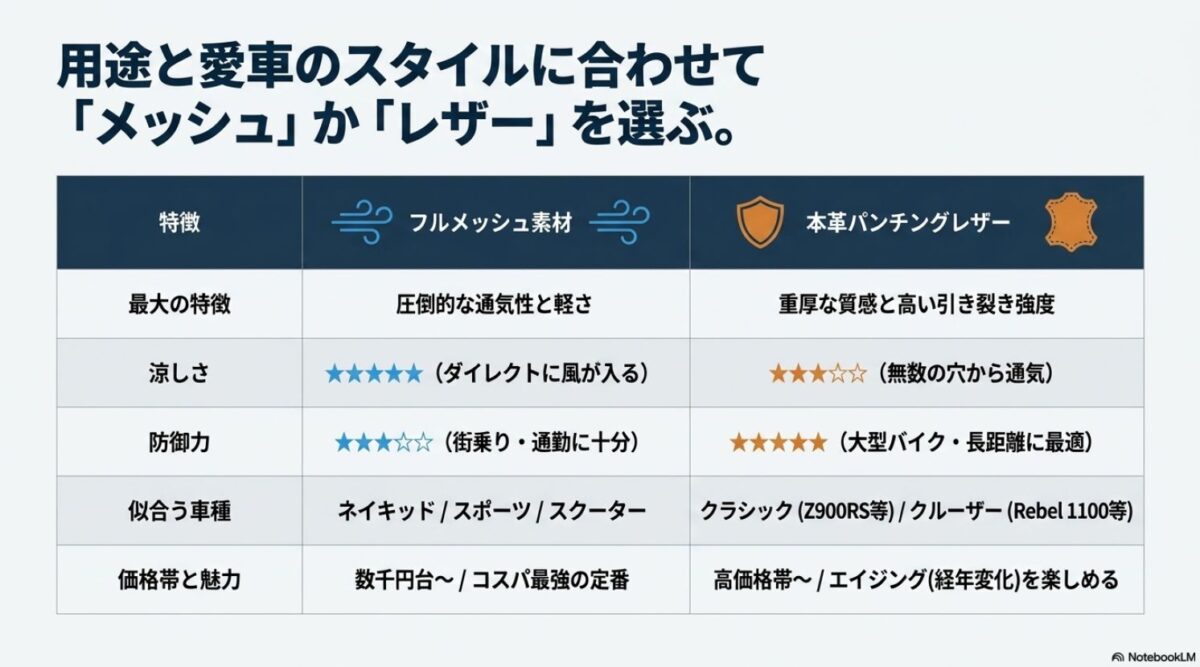 通気性重視のフルメッシュ素材と質感・防御力重視の本革パンチングレザーの特徴比較表