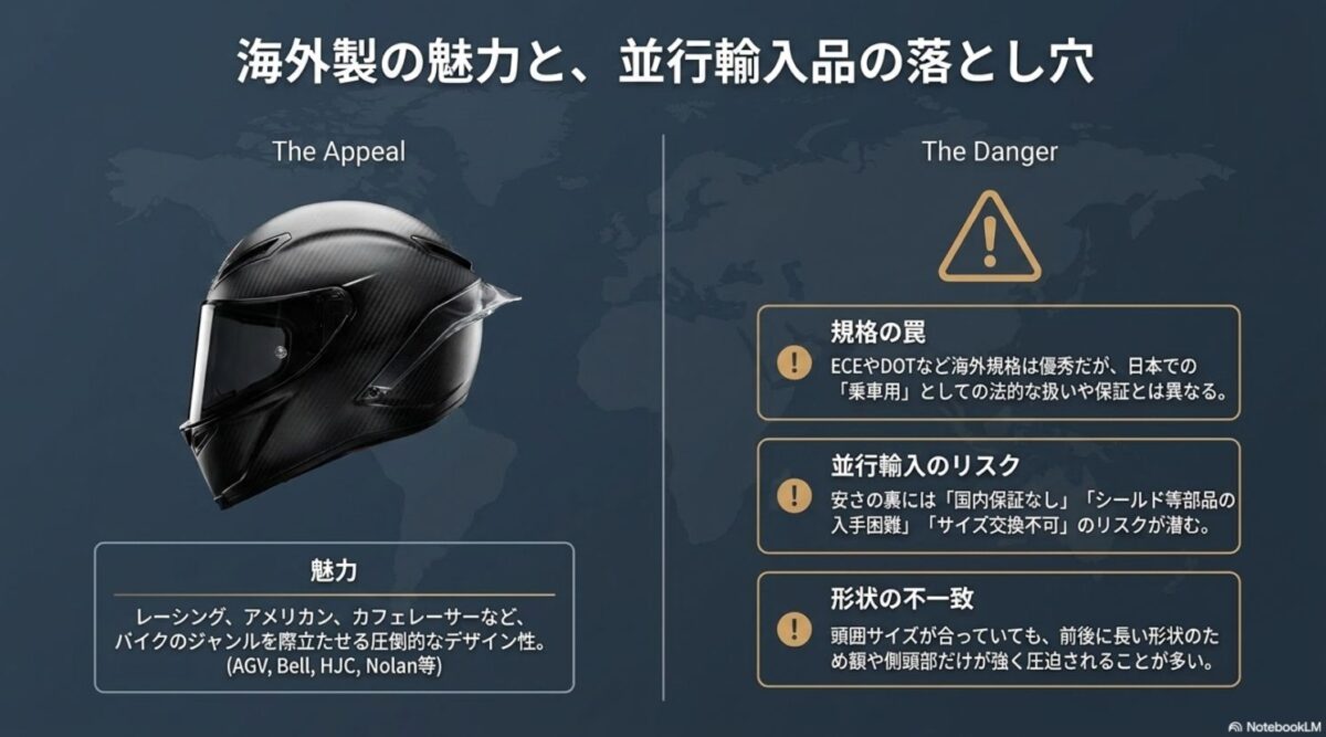 海外製ヘルメットのデザイン性と並行輸入品における規格、保証、サイズ感の注意点を示した図解