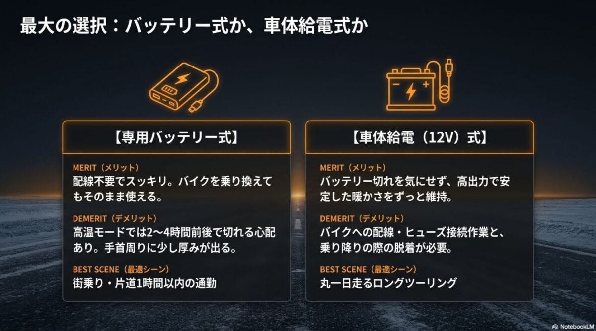 最大の選択:バッテリー式か、車体給電式か 電熱グローブの給電方式について、街乗り・通勤向けの専用バッテリー式と、ロングツーリング向けの車体給電式のメリット・デメリットを比較した解説