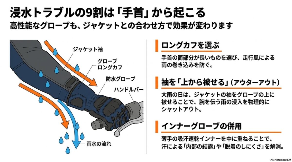 ロングカフの活用とジャケットの袖を上から被せることによる手首からの浸水防止の仕組み