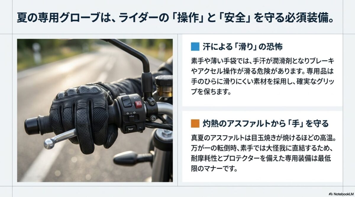 夏用バイクグローブが必要な理由である汗による滑り防止とアスファルトからの手の保護