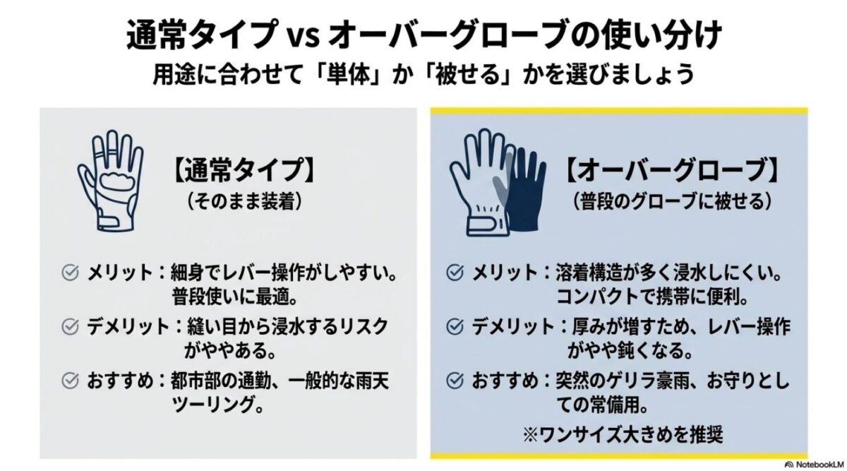 通常タイプの防水グローブと普段のグローブに被せるオーバーグローブのメリットとデメリットの比較