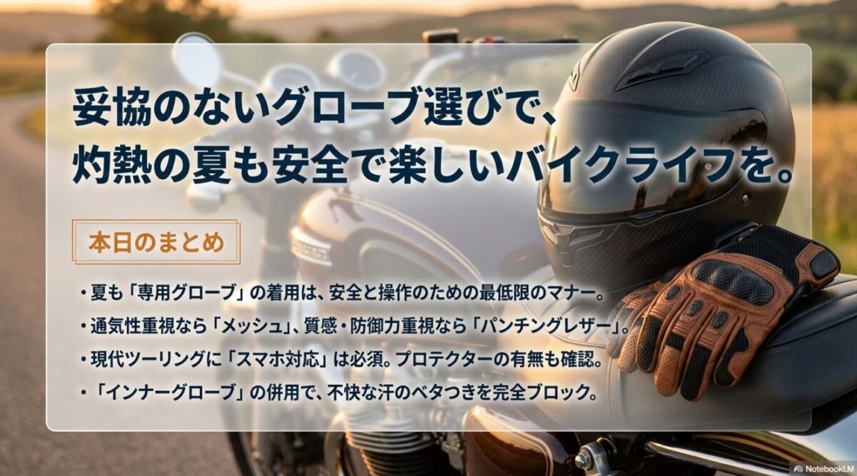 夏用バイクグローブ選びの重要ポイントと安全なバイクライフのためのまとめ