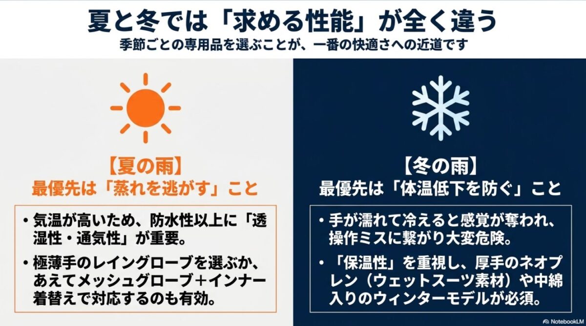 夏の雨の蒸れ対策と冬の雨の防寒対策など季節ごとに変わるグローブに求める性能