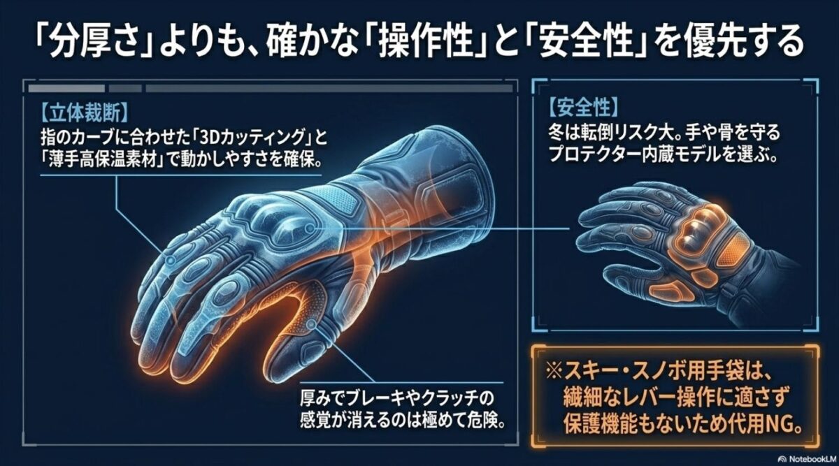 冬用バイクグローブに必要な立体裁断による操作性とプロテクターによる安全性