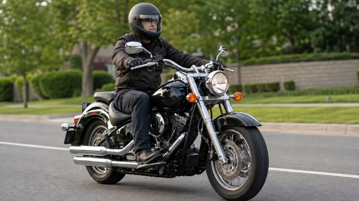 レトロ系フルフェイスを着用して大型アメリカンを走らせるライダー