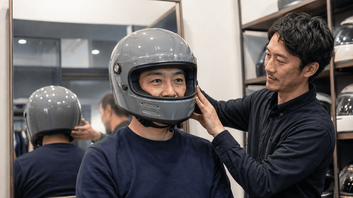 クラシック系ヘルメットブランド比較と失敗しない選び方 バイク用品店でクラシックフルフェイスのサイズとフィットを確認する日本人ライダー