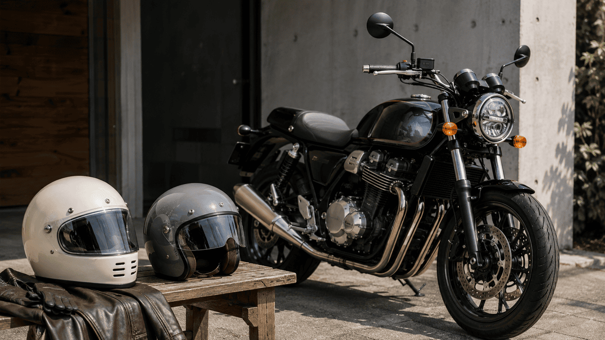 クラシック系ヘルメットブランド比較と失敗しない選び方 ネオクラシック大型バイクのそばに置かれたクラシックフルフェイスとジェットヘルメット