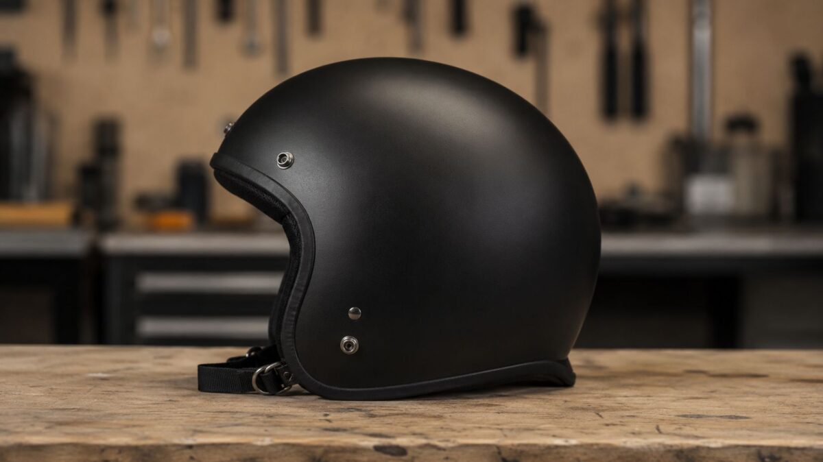 後頭部側が張り出したダックテール風ハーフヘルメットの側面形状