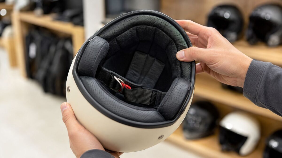 半キャップヘルメットの内装とあごひも、製品情報部分を確認する様子
