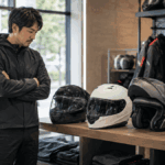 フルフェイスやシステム、ジェットヘルメットを店頭で比較する日本人ライダー