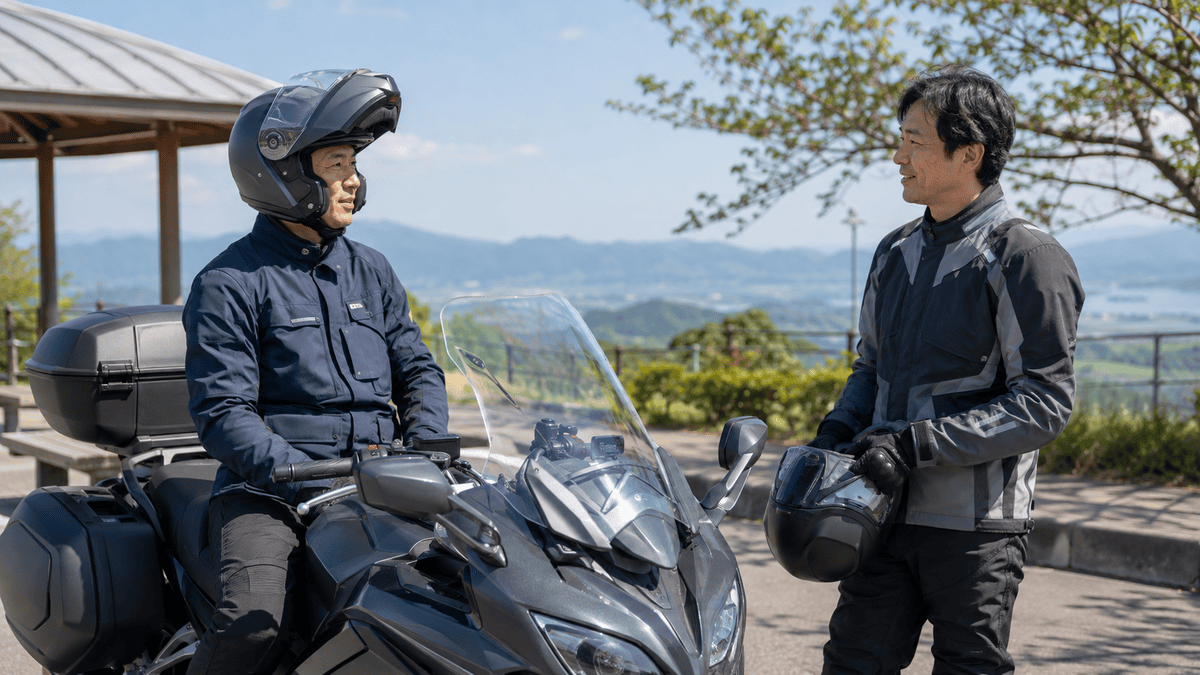 休憩中にチンカバーを開けたシステムヘルメットで会話する日本人ライダー