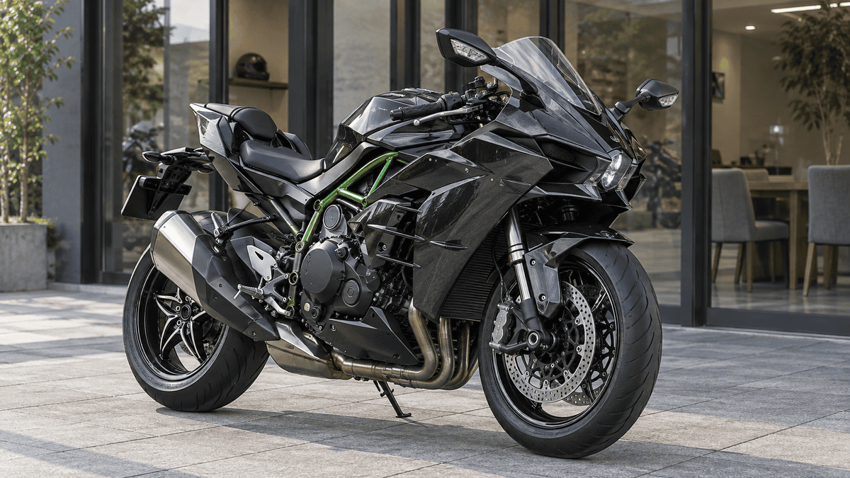 売却相談スペースの入口に停車した黒いフルカウルの大型バイク