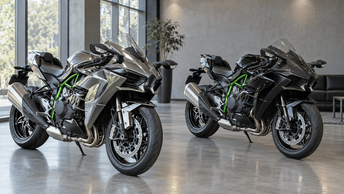Ninja H2の値段はいくら?新車価格・中古相場と高騰理由 同じ展示スペースに並ぶ標準Ninja H2と旧型H2 Carbon