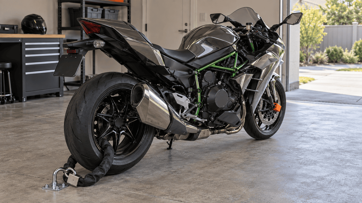 Ninja H2の値段はいくら?新車価格・中古相場と高騰理由 ガレージで固定アンカーとチェーンを使って施錠したH2