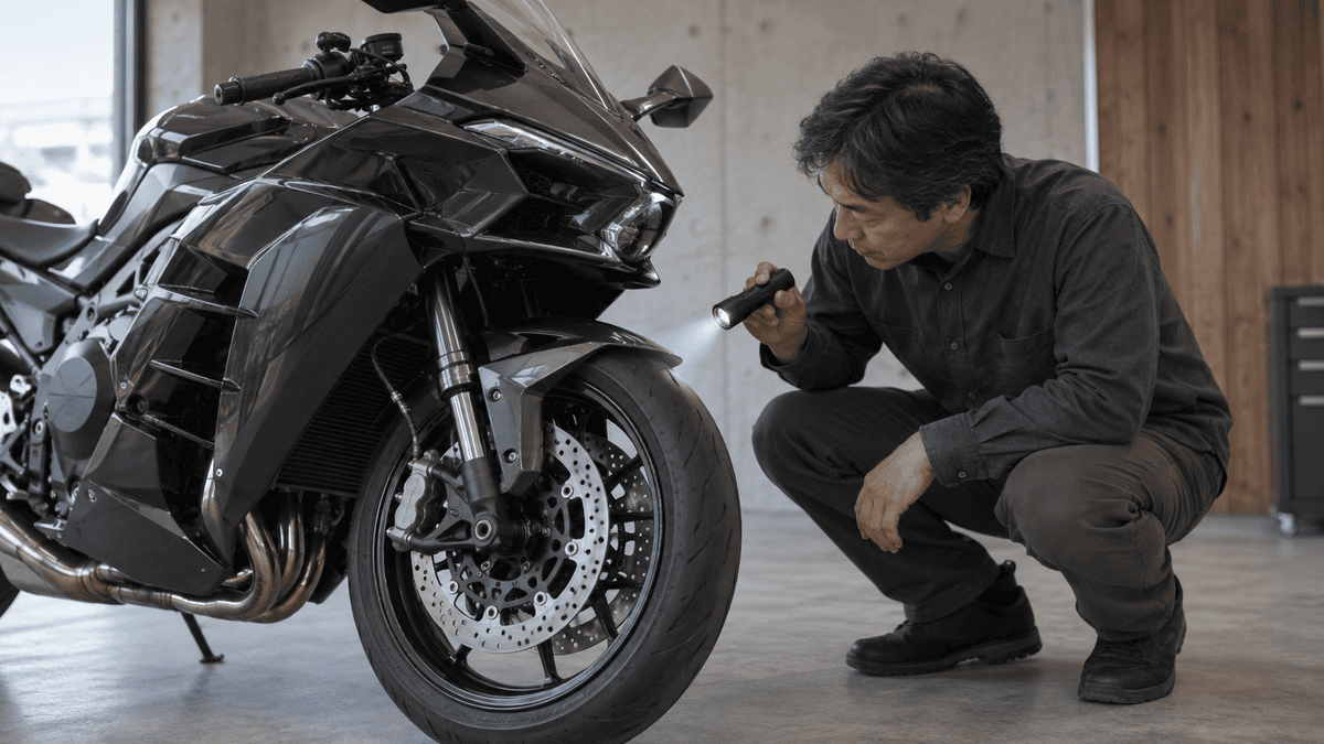Ninja H2の買取相場はいくら?高騰理由と高く売る判断基準 停車中の大型バイクのフロントフォークとタイヤを確認する成人