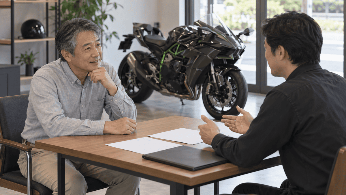 H2 Carbonが置かれた店舗で購入条件を相談する客とスタッフのイメージ