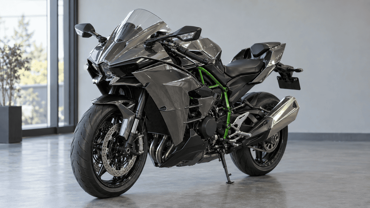 屋内に展示された初期型Ninja H2の車両イメージ