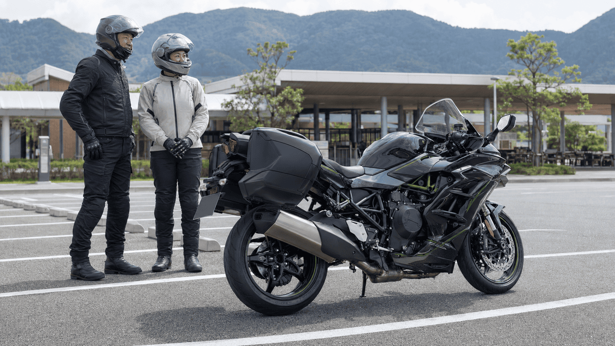 パニアケースを装着したNinja H2 SX SEとタンデムツーリング中の成人ライダー