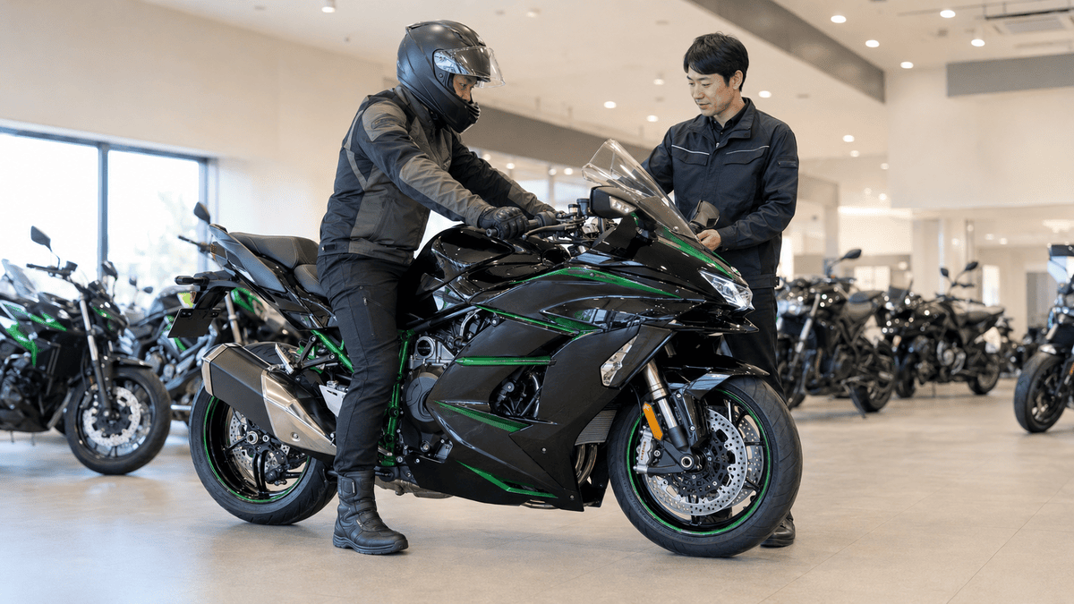 販売店でNinja H2 SX SEに跨り足つきと車体の支えやすさを確認する成人ライダー