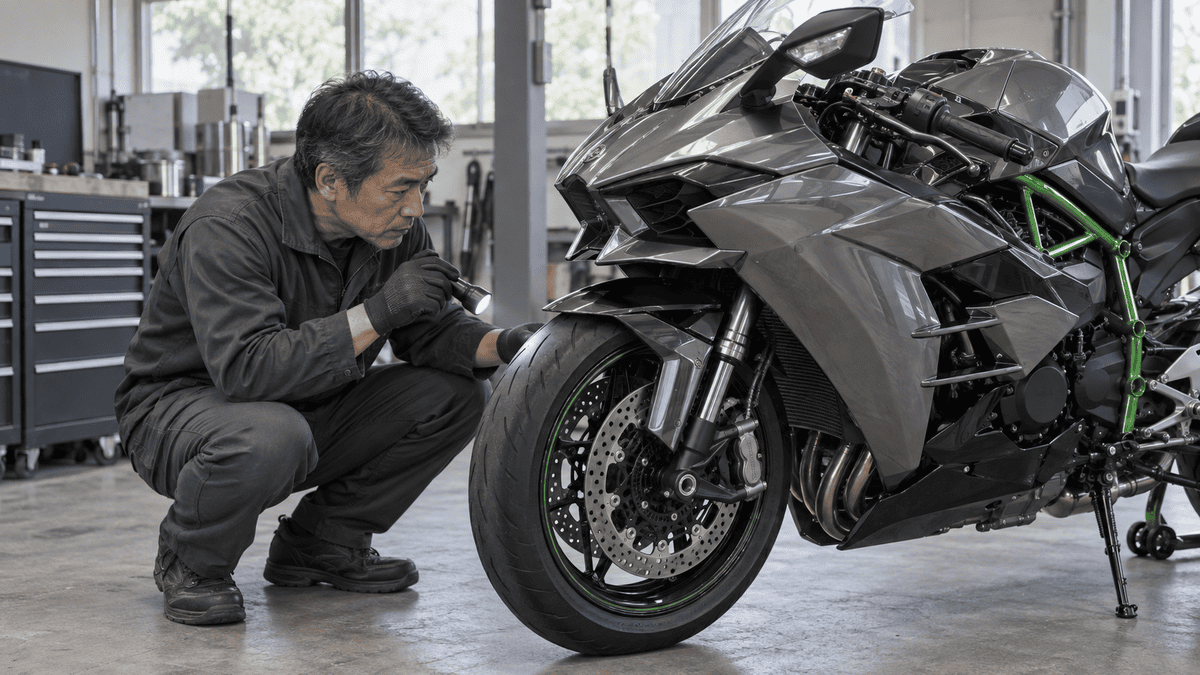 Ninja H2の値段はいくら?新車価格・中古相場と高騰理由 H2の前輪と足回りを目視確認する整備スタッフ