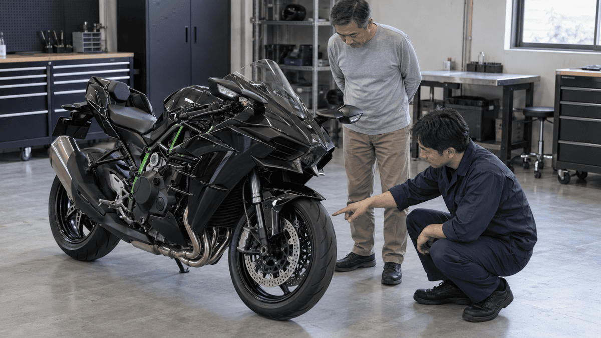 販売店でNinja H2の前輪とフォークを確認する客とスタッフのイメージ