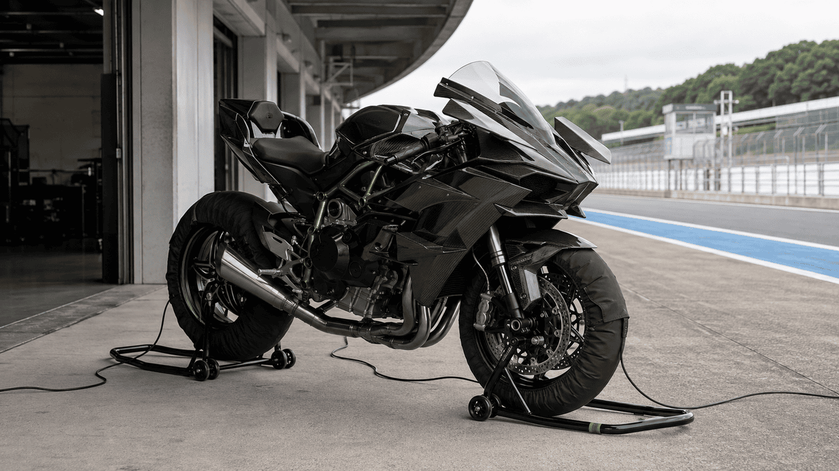 サーキットのピットレーンでスタンドに保持されたクローズドコース専用Ninja H2R